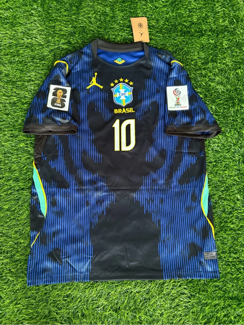 Jordan Brasil #10 Men's Football Jersey in Black and Blue with Yellow Accents